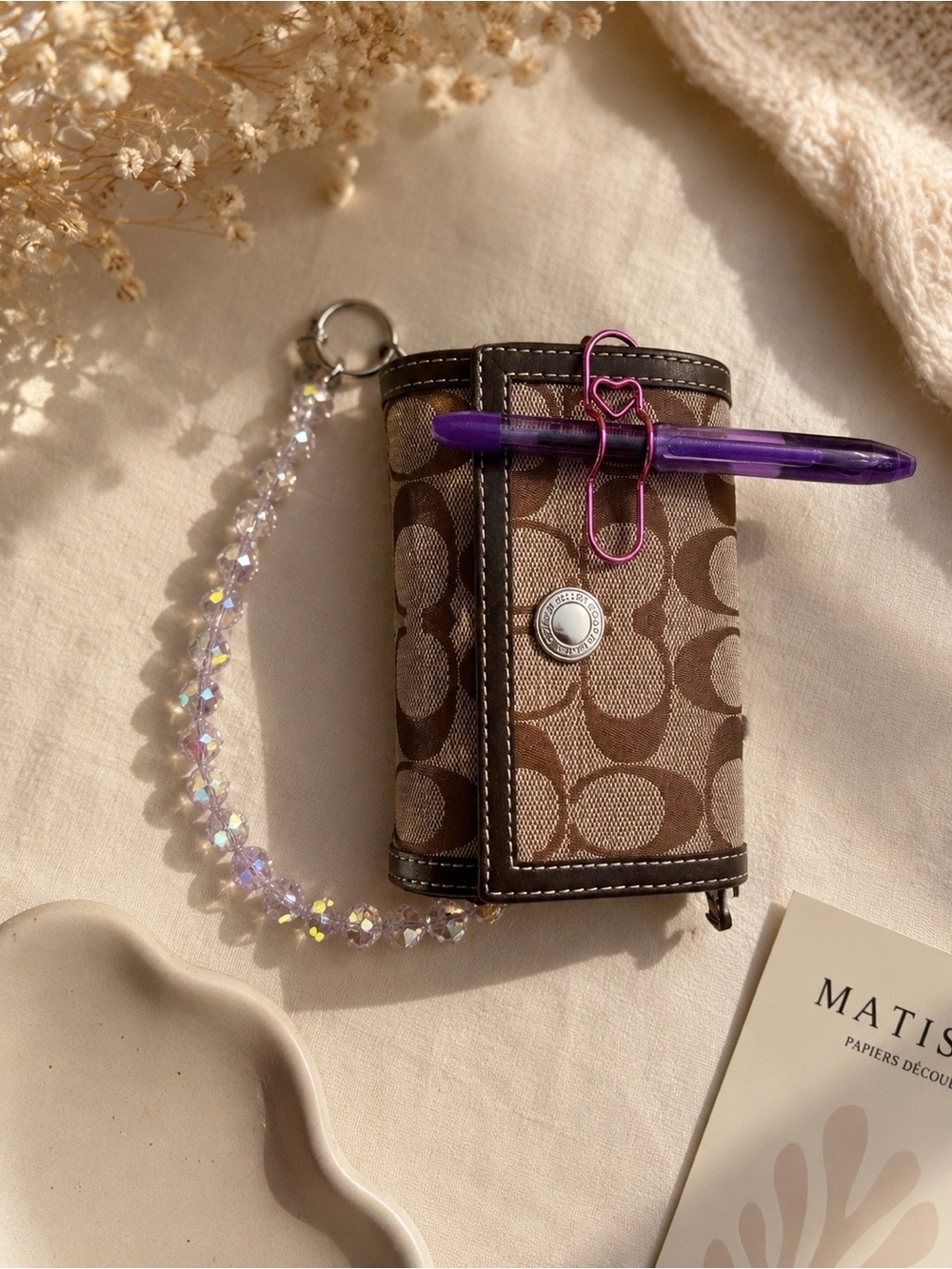 Coach Brown Signature Canvas Key & Card Holder with Crystal Beaded Strap